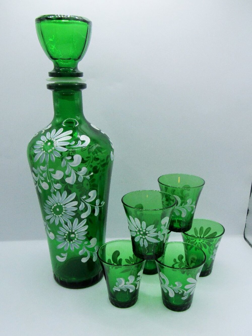 Hand Painted Italian Decanter With Six Cordials Shot Glasses